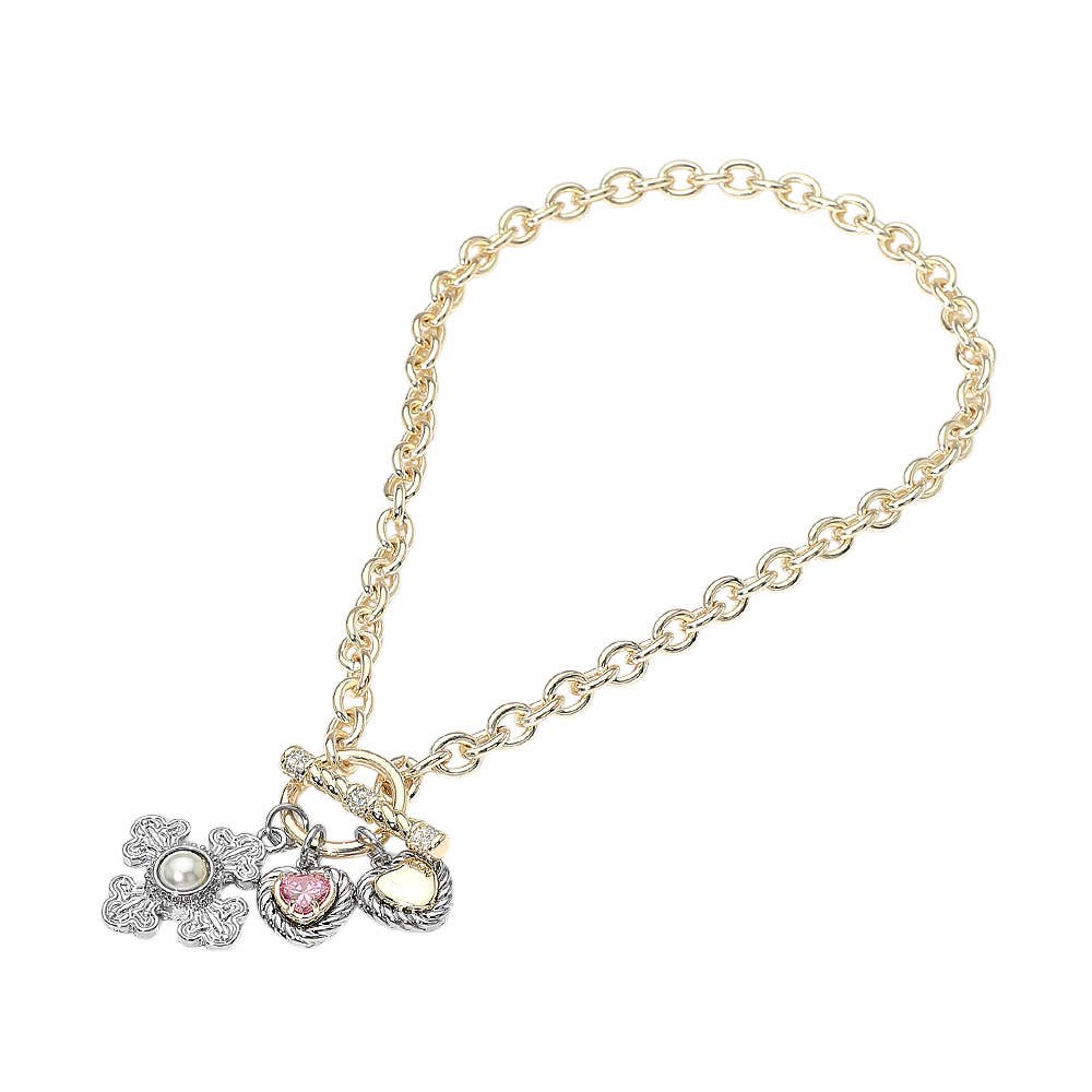 14K Gold Plated Pink Heart Pearl Accent Cross Charm Pendant Toggle Necklace