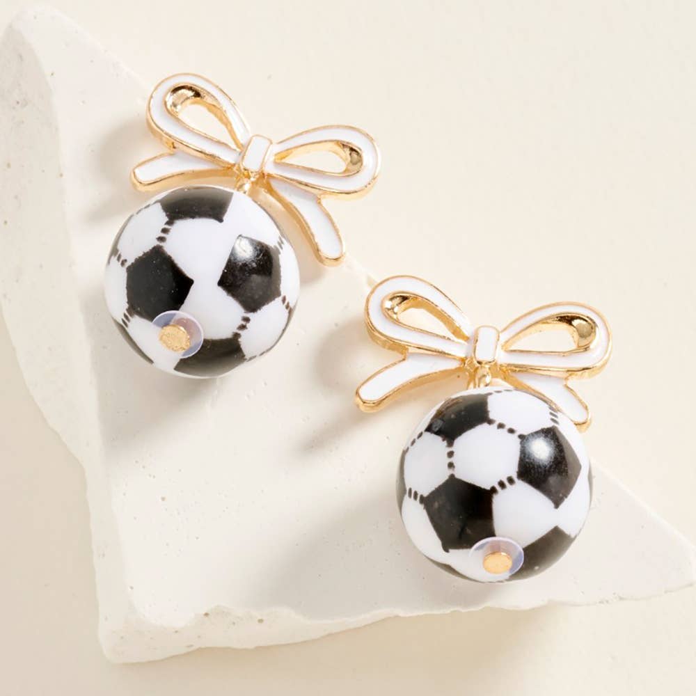 Bow Accent Soccer Ball Drop Dangle Earrings