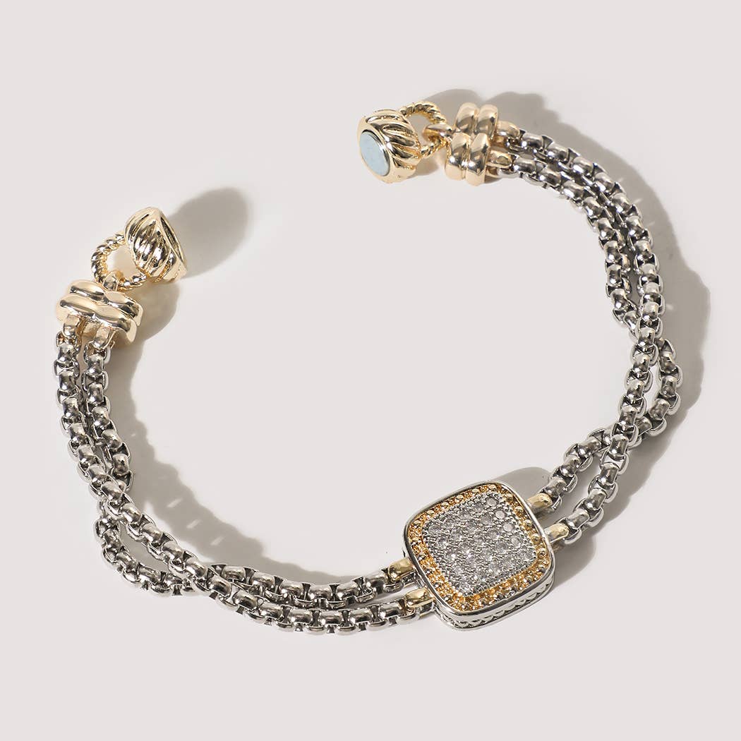 Two-Tone Box Chain Square Pave Magnetic Bracelet