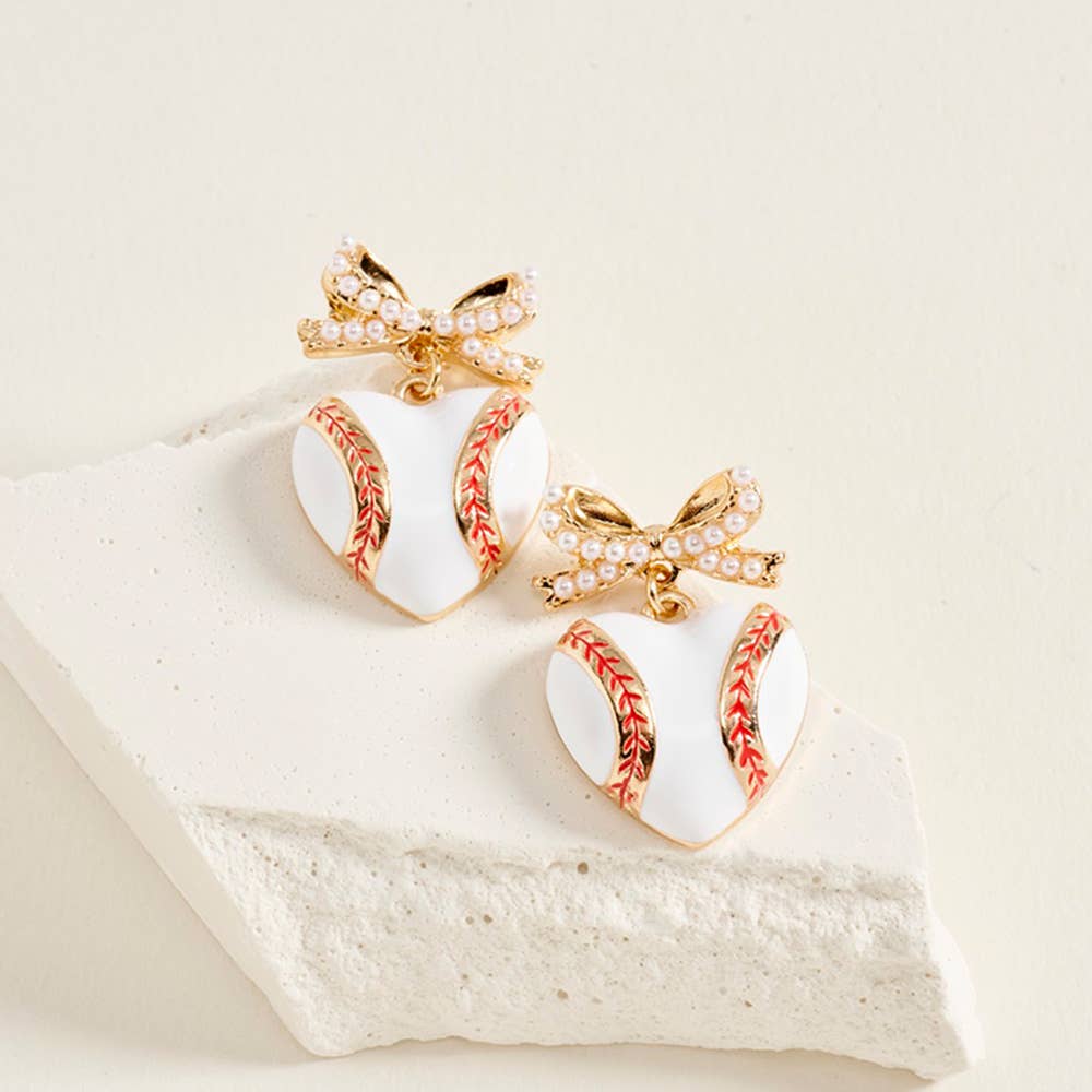 Pearl Bow Heart Baseball Charm Drop Dangle Earrings