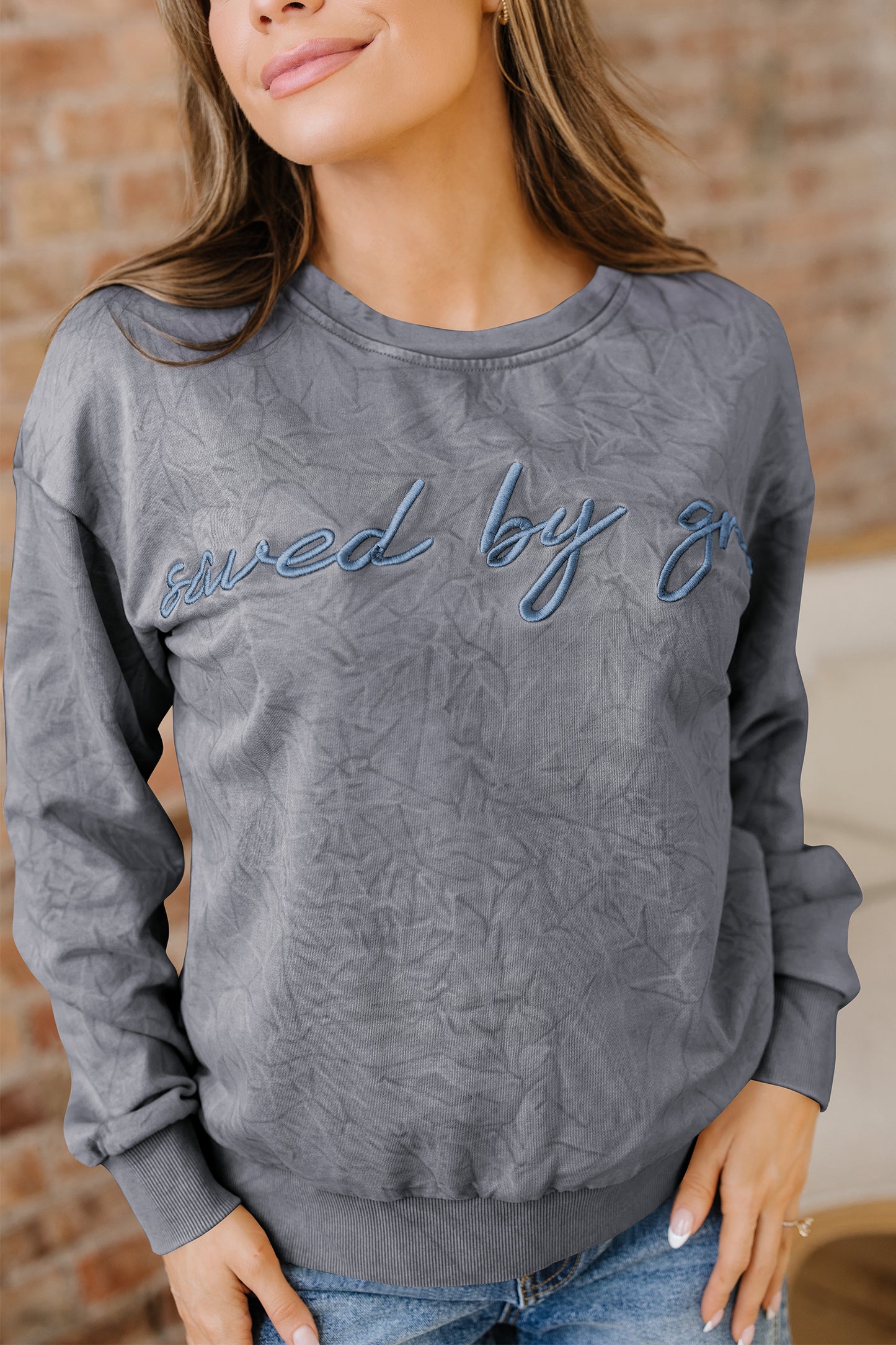 High-rise saved by grace Letter Embroidery Mineral Wash Loose Sweatshirt