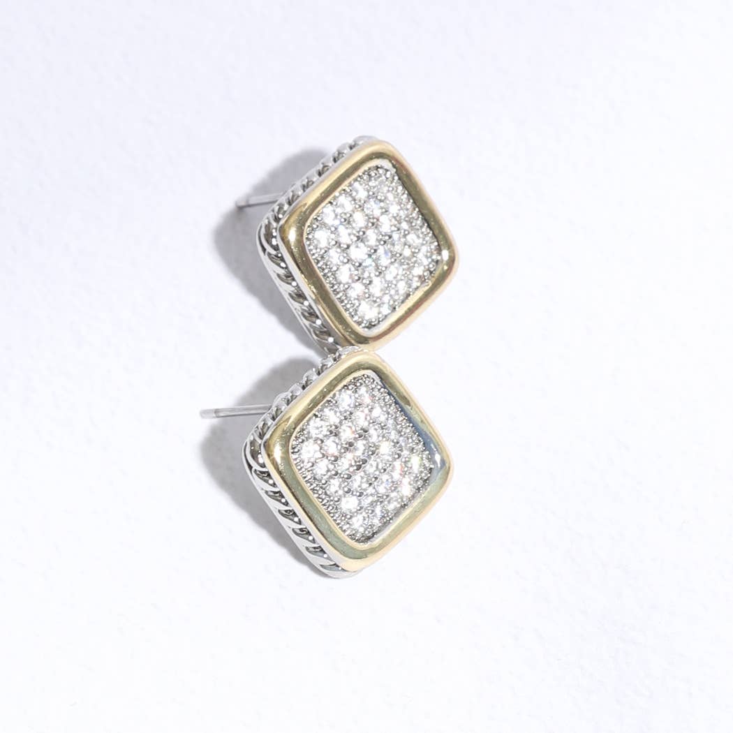 Two-Toned Square Pave Post Earrings