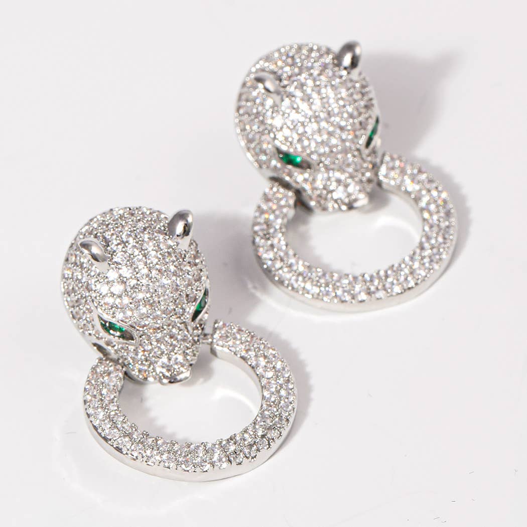Panther Figure with Ring Pave Post Earrings