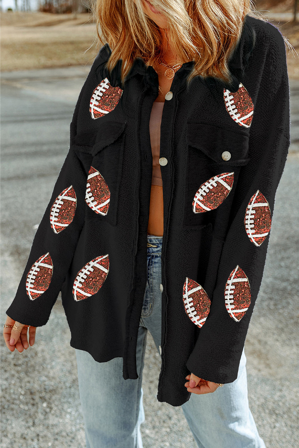 Black Sequined FootballFlap Pockets Buttoned Shacket