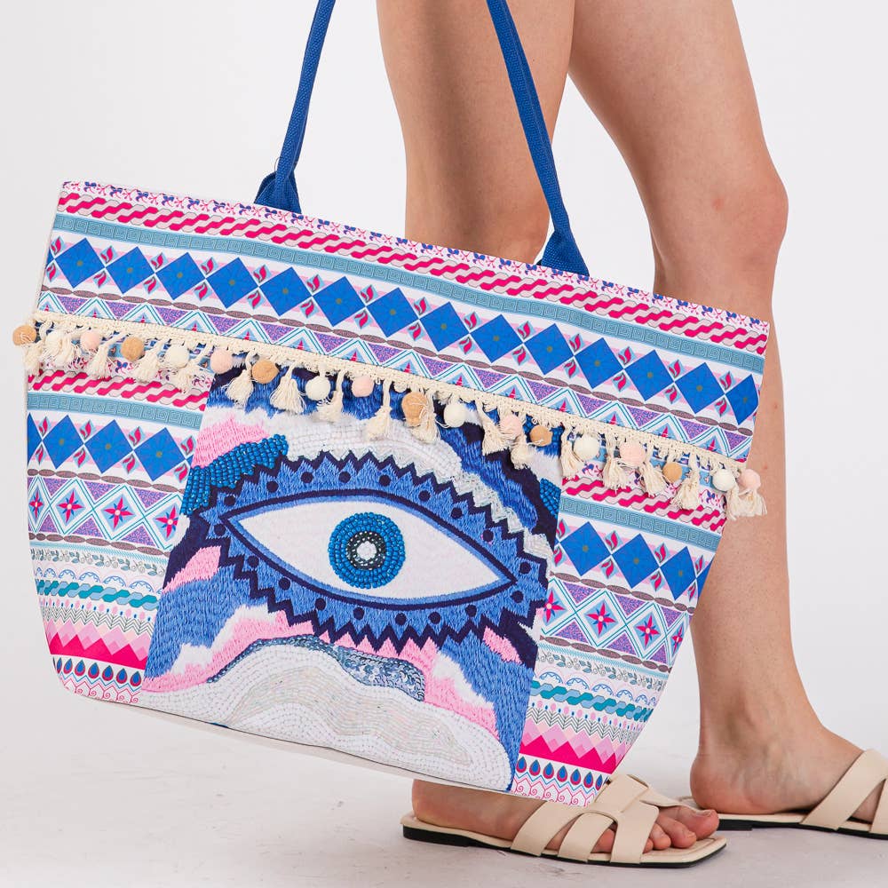 Evil Eye Boho Print Pom Pom fringe Tote Bag