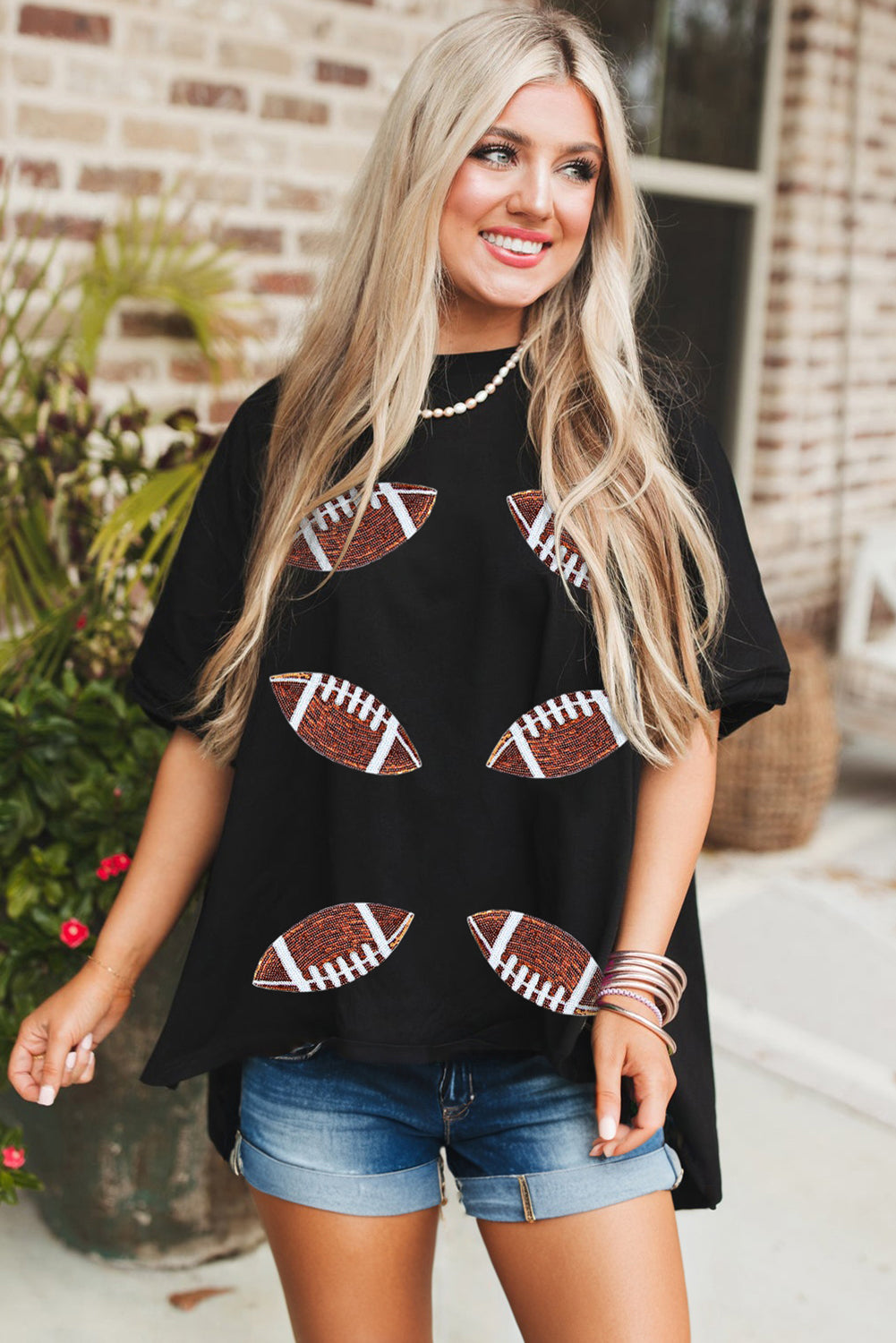 Black Sequin Football Patched Crewneck Loose T Shirt