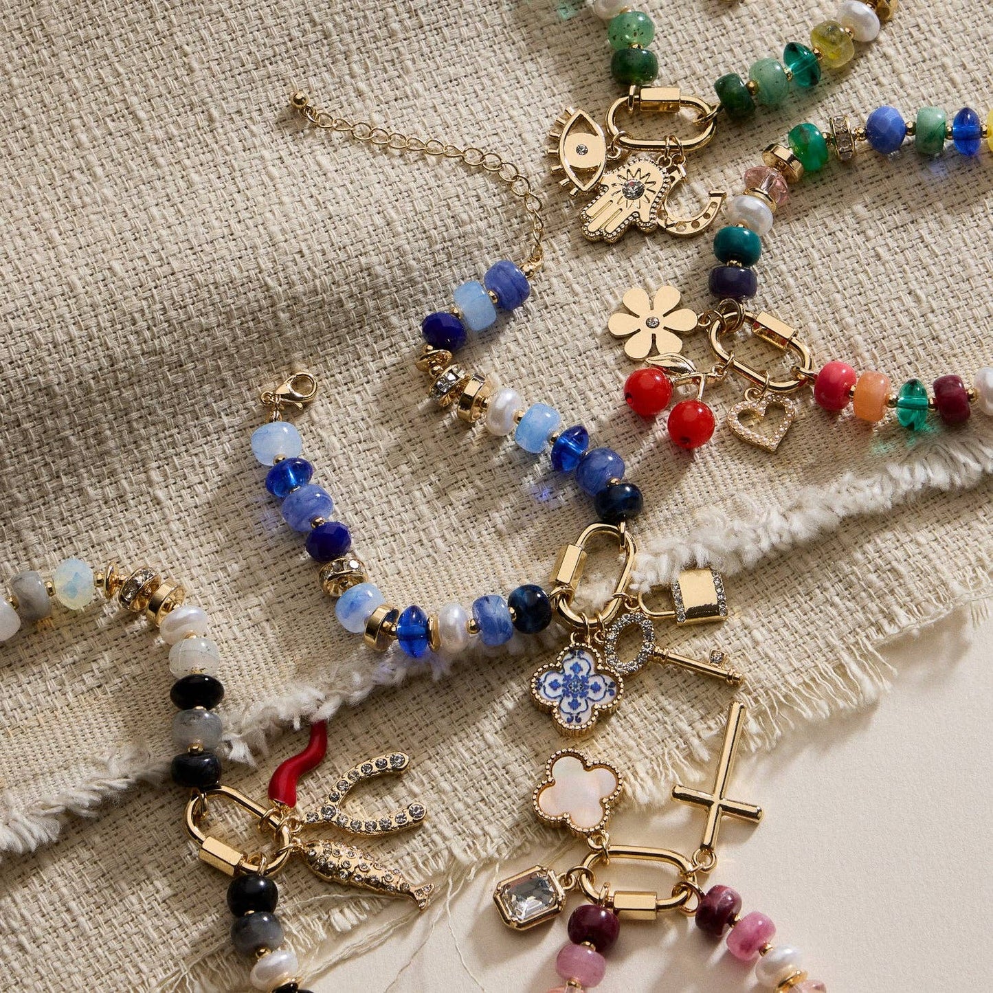 Vibrant Beaded Bracelet | Gold-Tone Trio Charms
