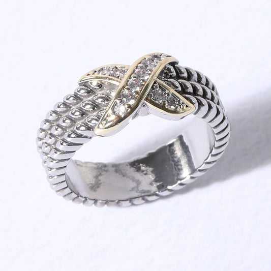 X Tripe Cable Silver Gold Stones Ring