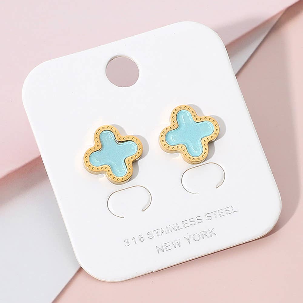 Stainless Steel Quatrefoil Stone Cluster Stud Earrings