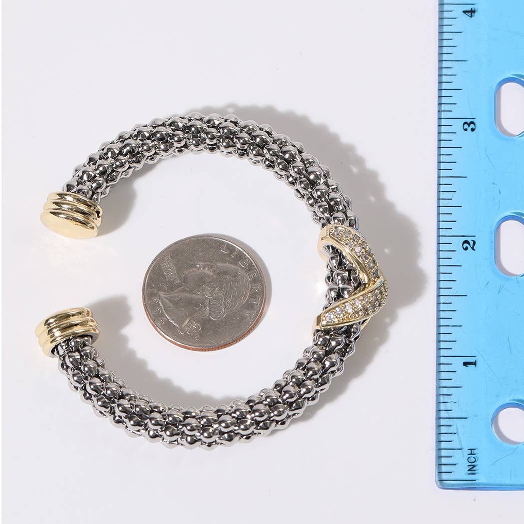 Pave Cross Bar Textured Cuff Bangle Bracelet