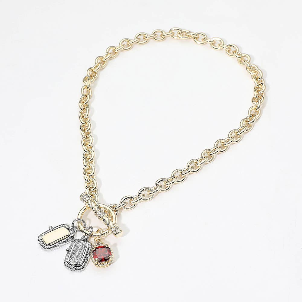 14K Gold Plated Stone Two Tone Bar Charm Pendant Toggle Necklace