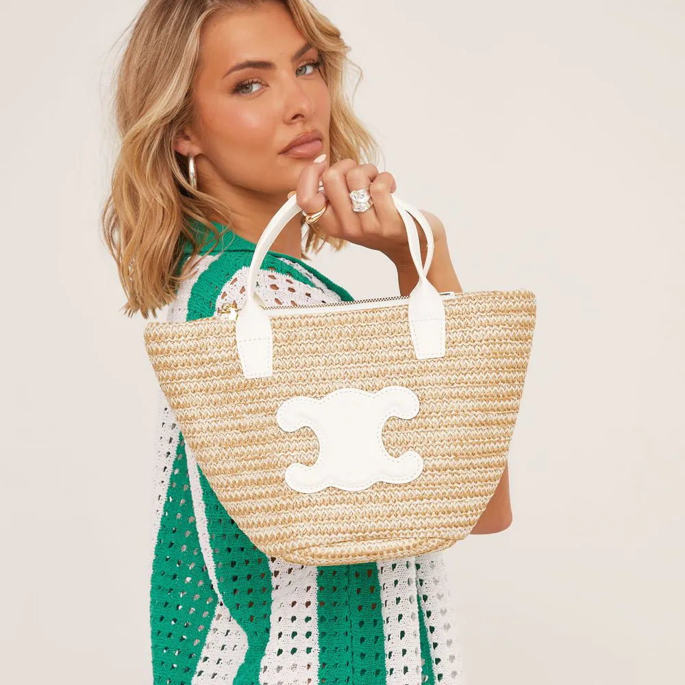 Beach Bag In White Faux Leather And Beige Woven
