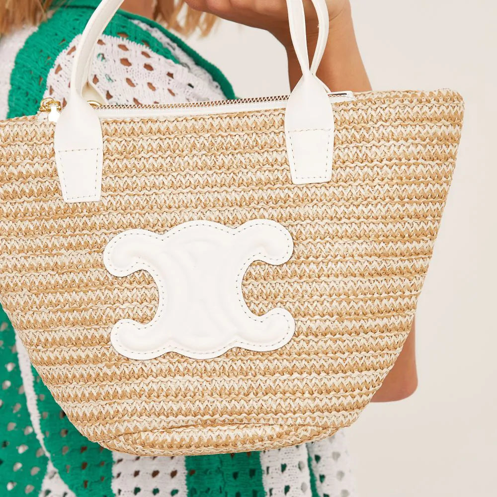 Beach Bag In White Faux Leather And Beige Woven