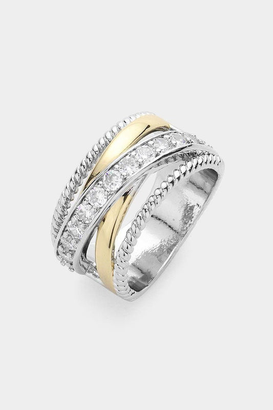Stone Paved Two Tone Criss Cross Chunky Ring