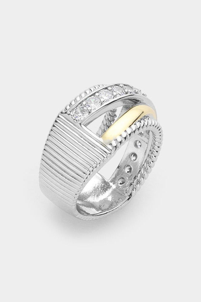 Stone Paved Two Tone Criss Cross Chunky Ring