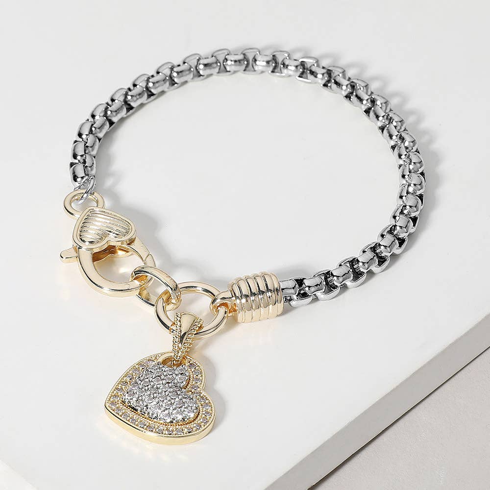 Two Tone 14K Gold Plated Stone Paved Heart Charm Bracelet