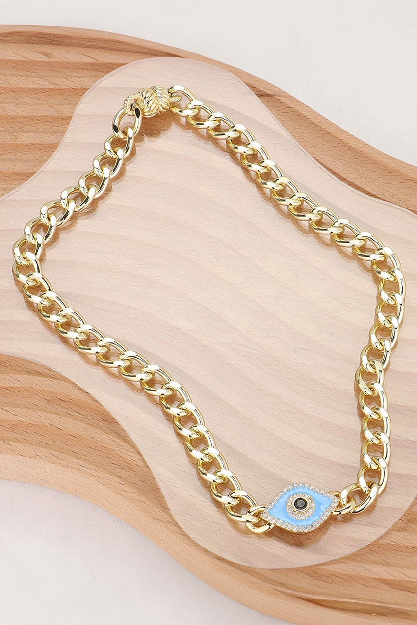 14k Plated Paved Enamel Evil Eye Chain Necklace