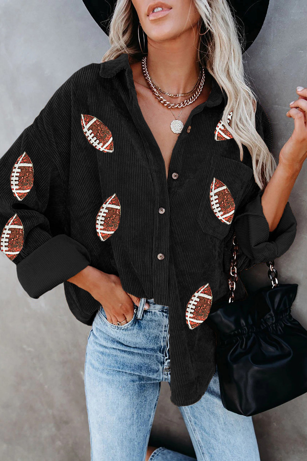 Black Sequin Football Pattern Buttoned Corduroy Shacket