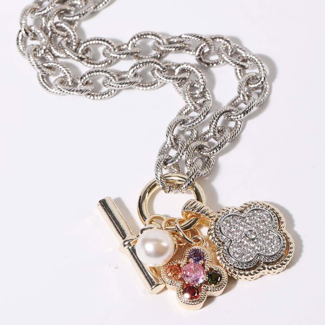 Clover & Pearl Charm Chunky Rope Chain Necklace