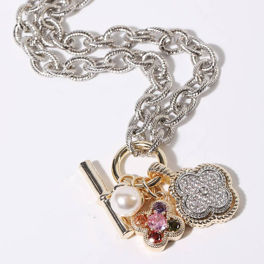 Clover & Pearl Charm Chunky Rope Chain Necklace