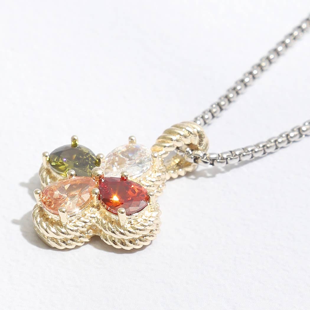 Gold Tone Clover Colored Rhinestone Necklace