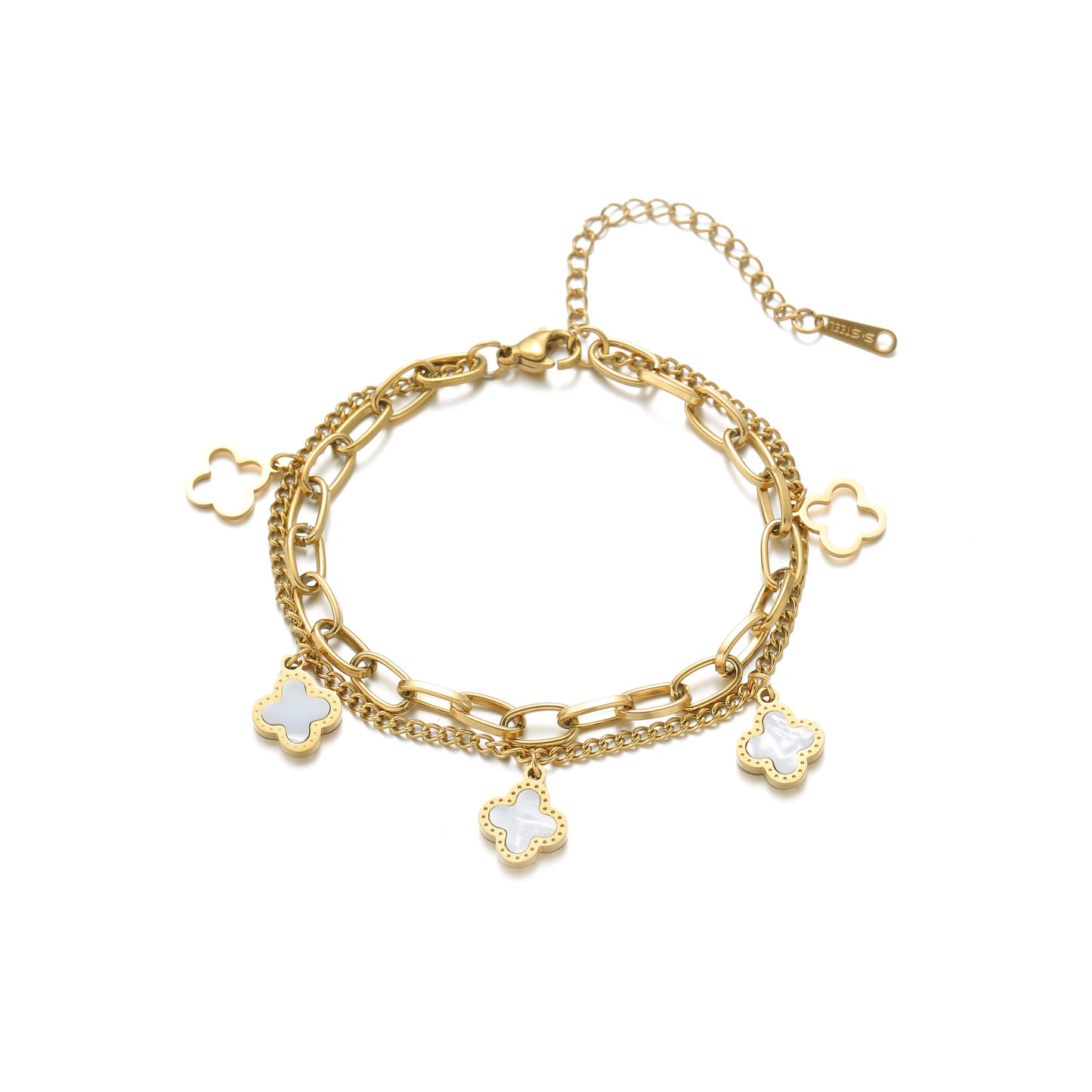 Gold & White Clover Charm Layered Bracelet