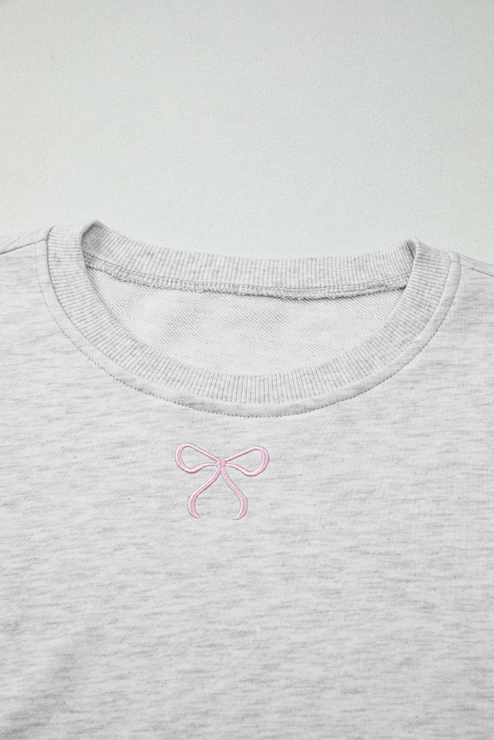 Light Grey Girly Bow Embroidered Detail Puff Sleeve Pullover 2pcs Short Set