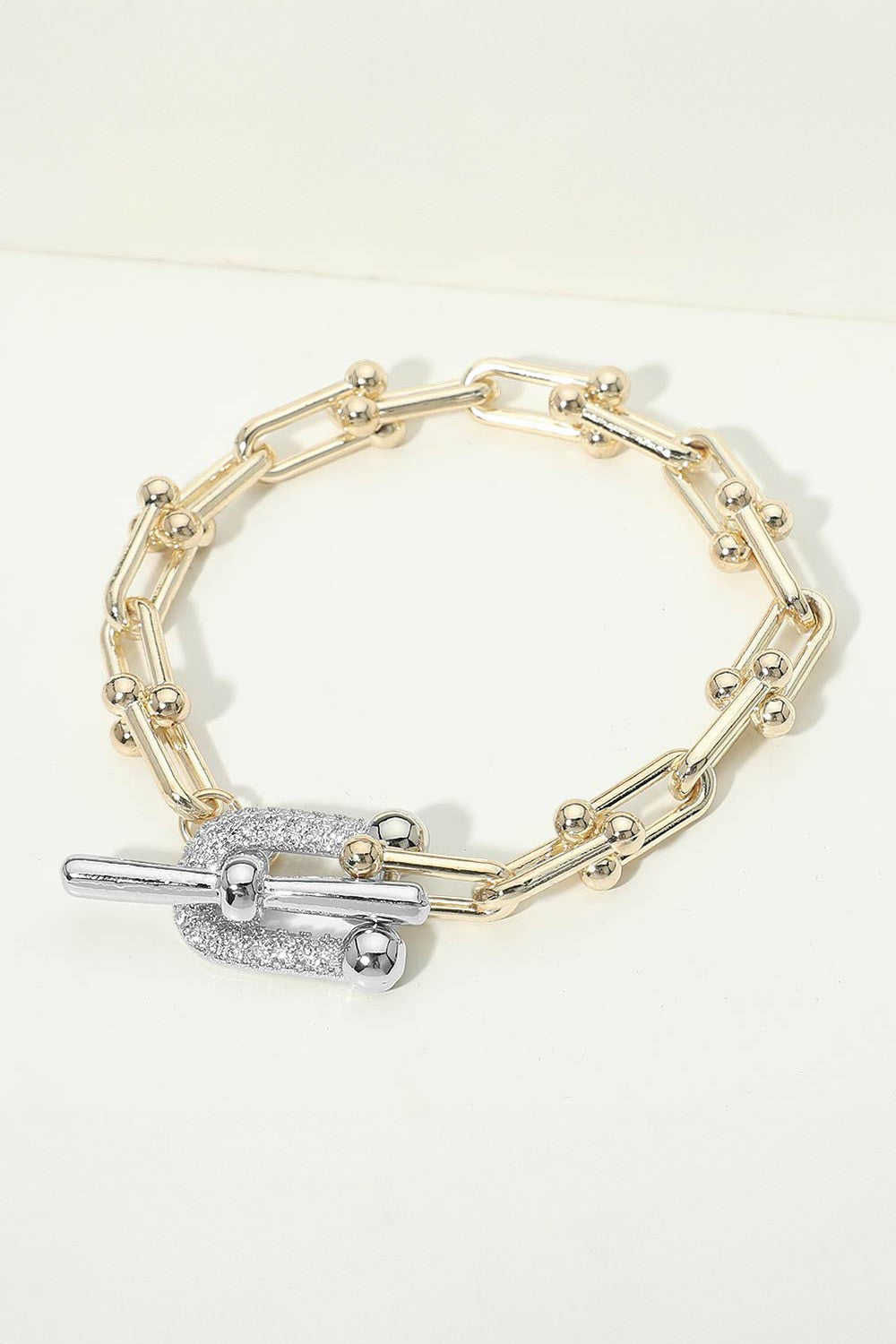 Gold Two Tone Pave Toggle Industrial Chain Bracelet