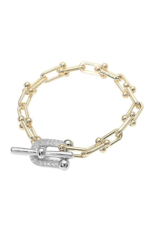 Gold Two Tone Pave Toggle Industrial Chain Bracelet