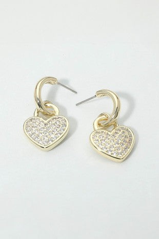 14k Gold Plated Pave Heart Charm Drop Mini Hoop Earrings