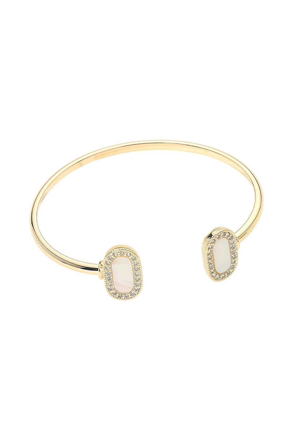 14k Gold Pave Rim Mother Of Pearl Oval Tip Cuff Bracelet