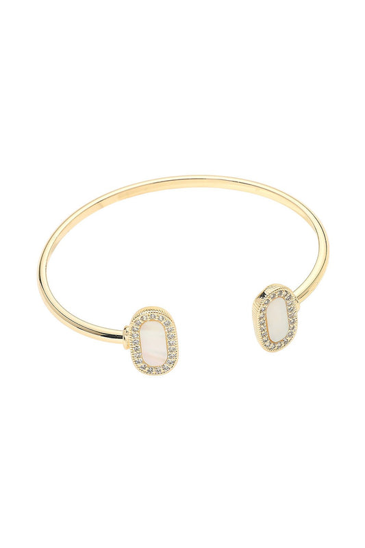 14k Gold Pave Rim Mother Of Pearl Oval Tip Cuff Bracelet