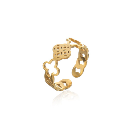 Gold Clover Floral Design Adjustable Ring