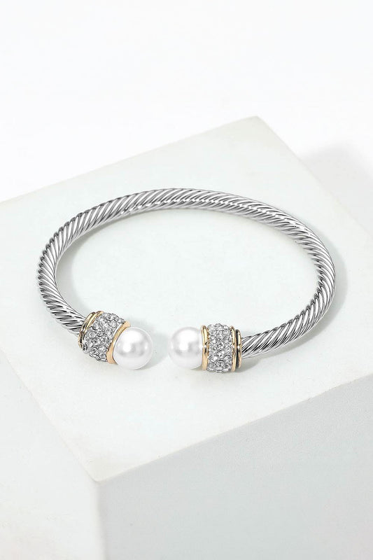 Rhinestone Pave Round Ball Tip Twisted Cable Cuff Bracelet