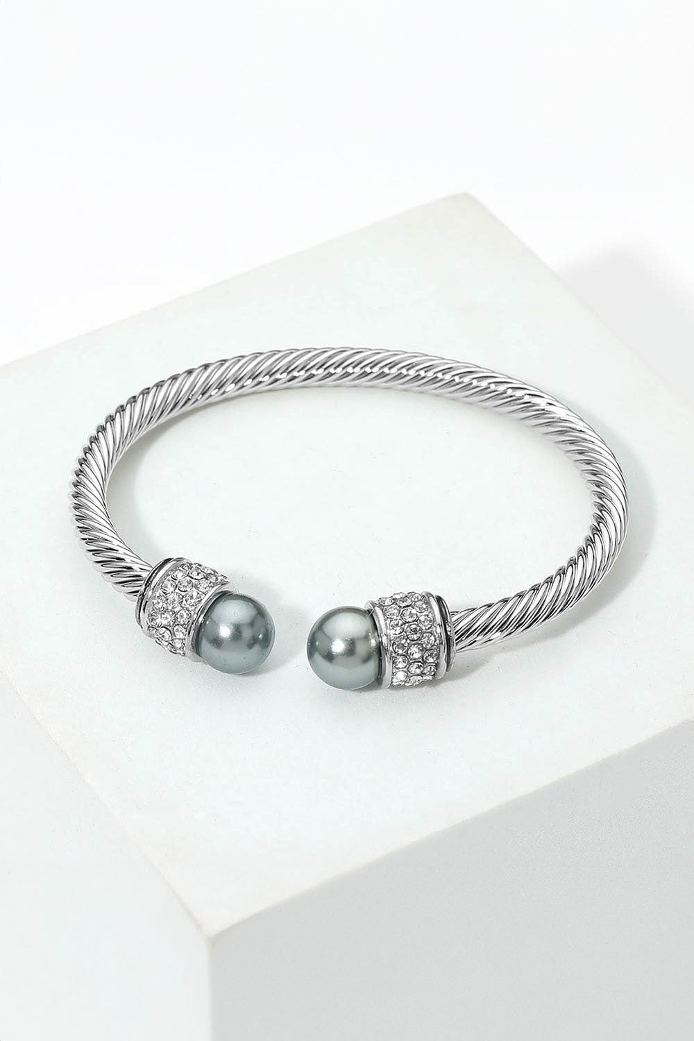 Rhinestone Pave Round Ball Tip Twisted Cable Cuff Bracelet