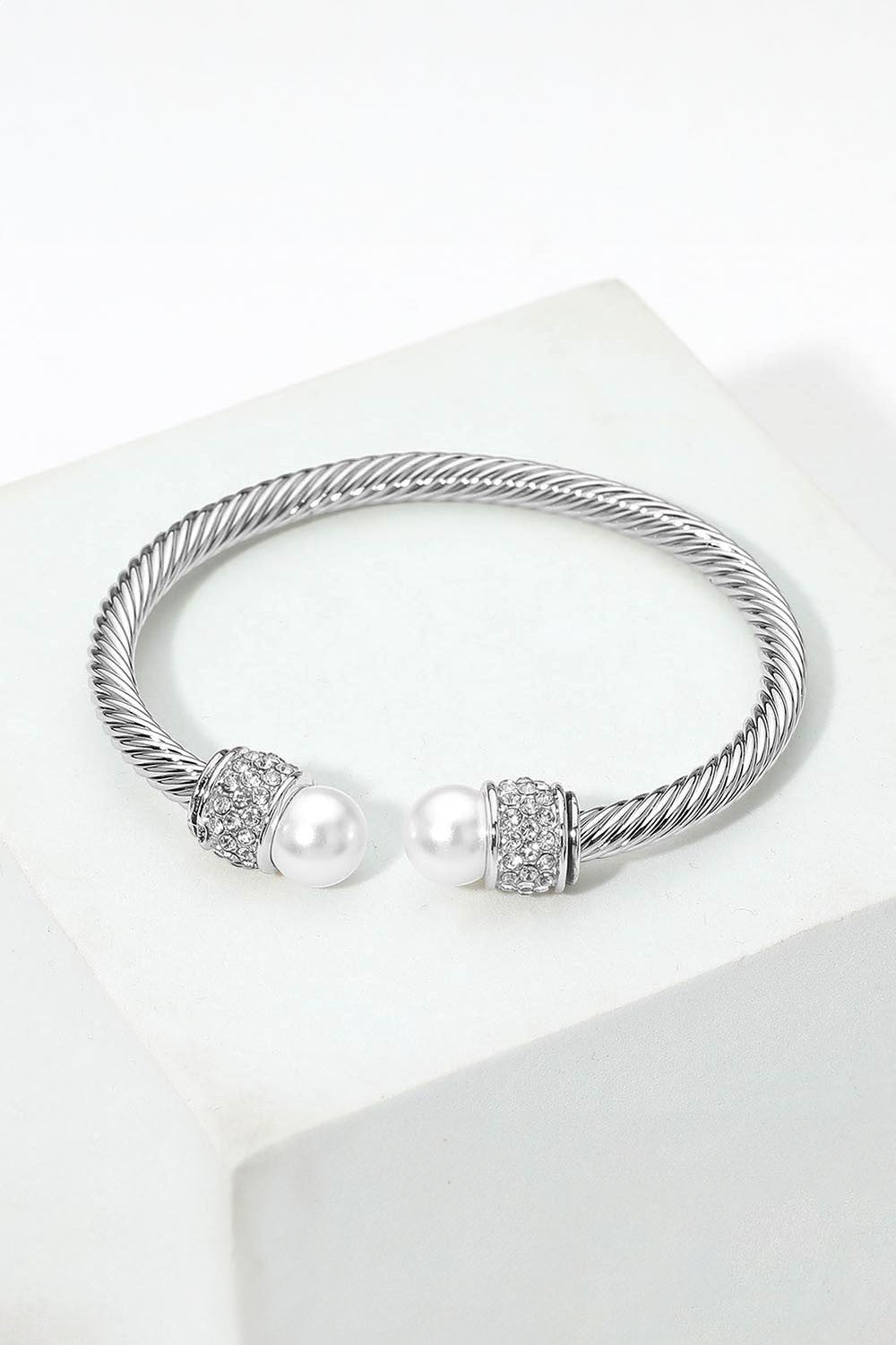 Rhinestone Pave Round Ball Tip Twisted Cable Cuff Bracelet