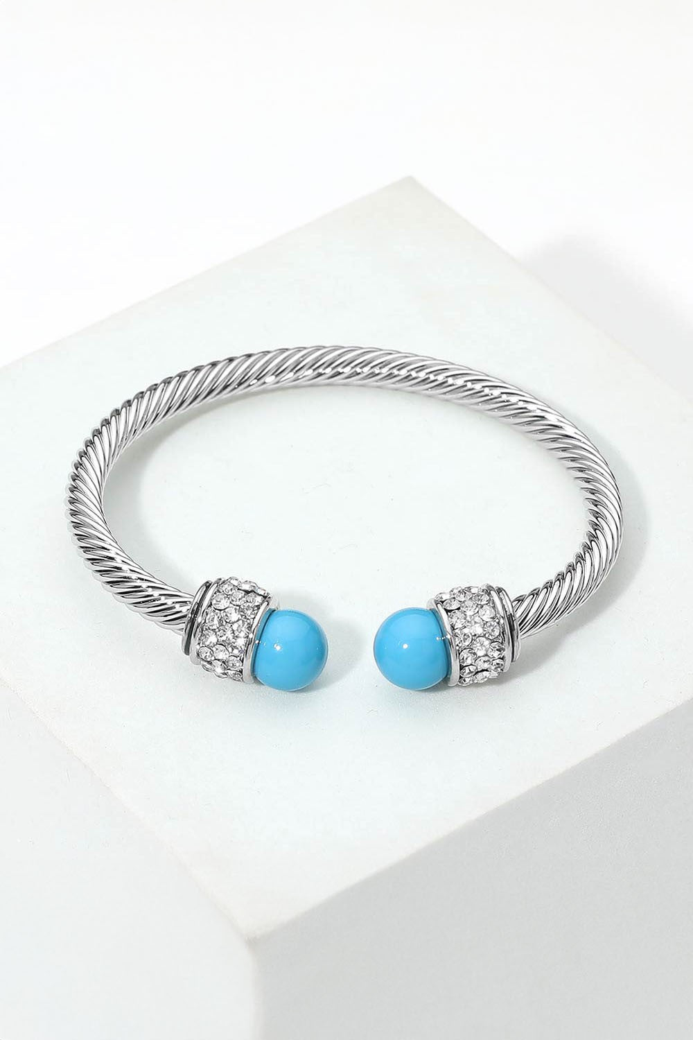 Rhinestone Pave Round Ball Tip Twisted Cable Cuff Bracelet
