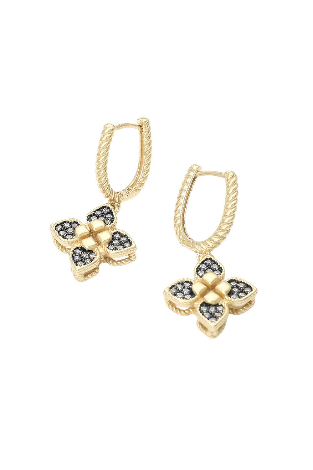 14k Gold Plated Pave Floral Charm Huggie Hoop Earrings