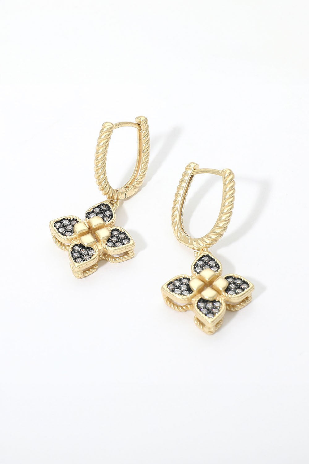 14k Gold Plated Pave Floral Charm Huggie Hoop Earrings