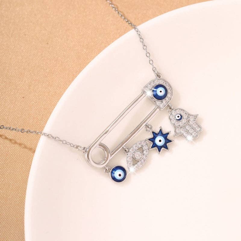 Safety Pin Evil Eye Hamsa Hand Necklace in Solid Copper