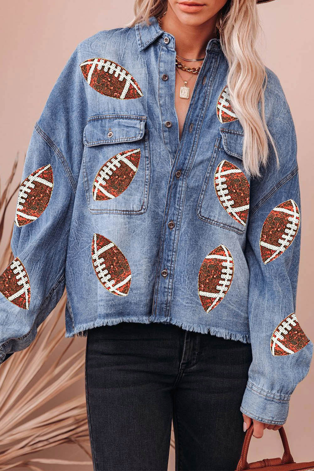 Sky Blue Sequin Football Graphic Flap Pockets Raw Hem Game Day Denim Jacket