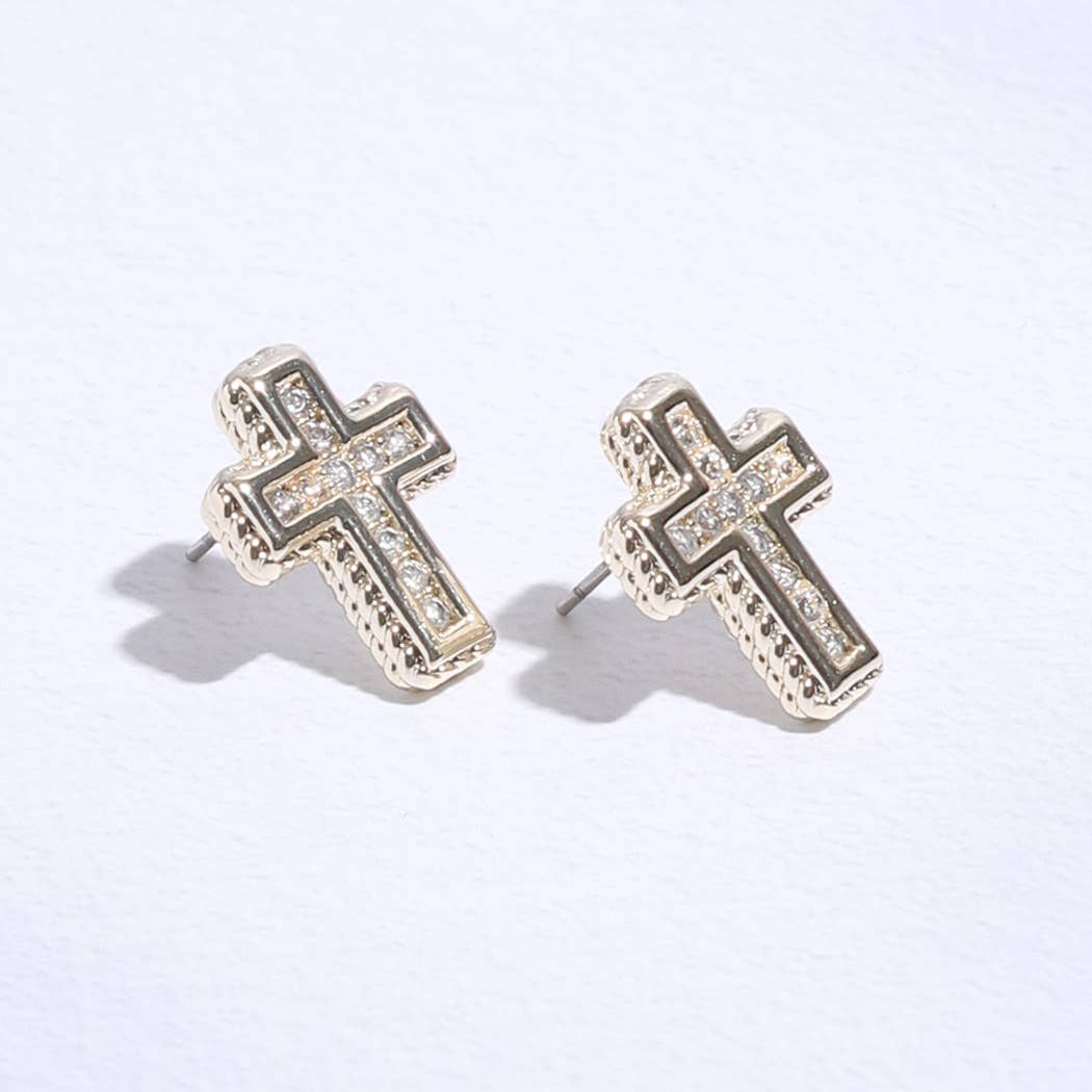 Cross Shape Pave Stone Stud Post Earring