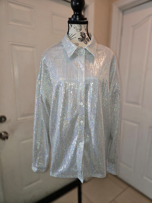 Silver Iridescent Sparkle Button-Up Shirt – Size Large