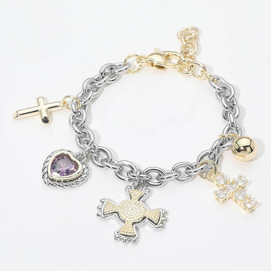 14K Gold Plated Heart Cross Charm Station Bracelet