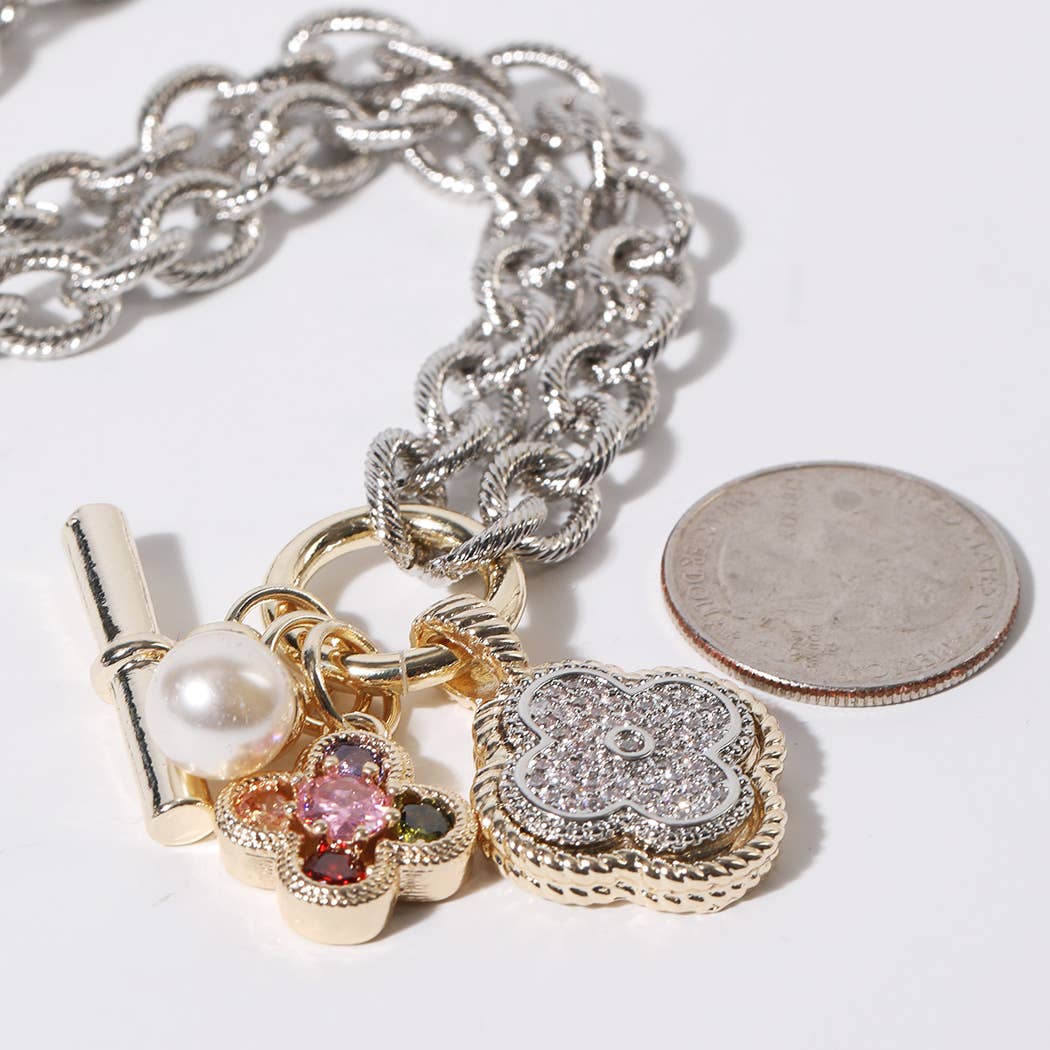 Clover & Pearl Charm Chunky Rope Chain Necklace