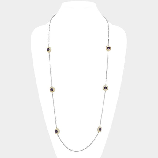 14K Gold Plated Two Tone Square Pendant Station Necklace