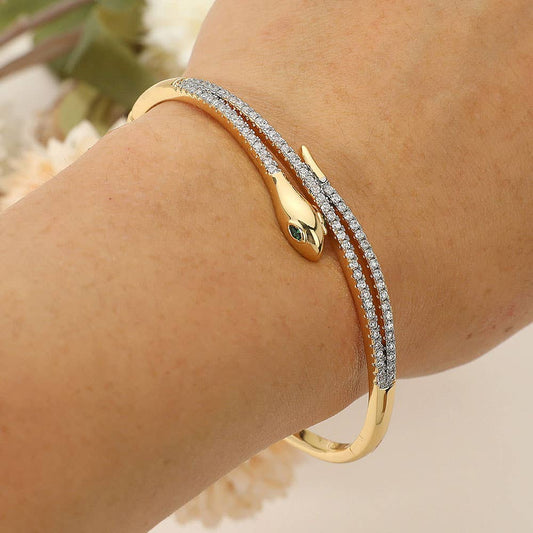 Stainless Steel Rhinestone Pave Sleek Snake Hinged Bangle Bracelet