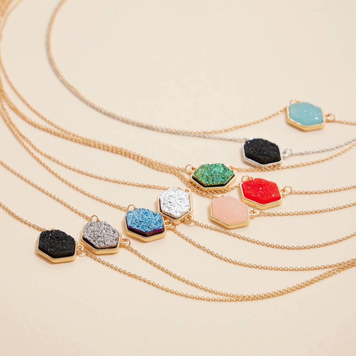 Hexagon Druzy Stone Charm Short Necklace