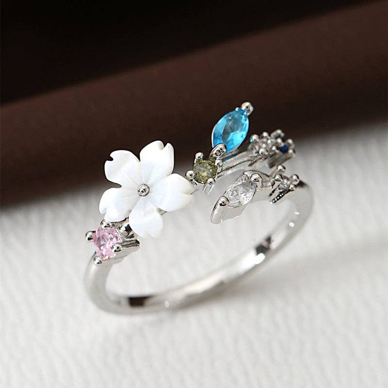 Mother Of Pearl Cherry Blossom Flower Ring in Solid Copper