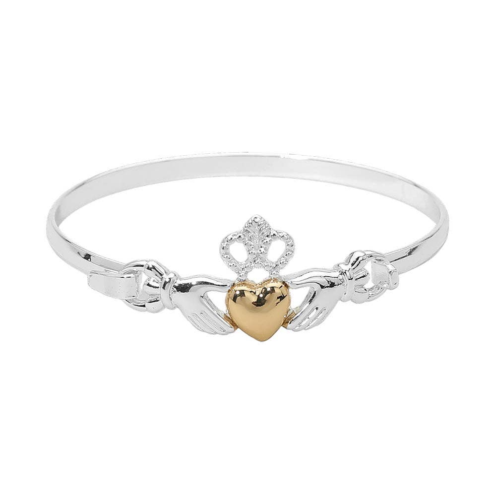 Two Tone Irish Claddagh Heart Crown Bangle Bracelet